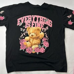 Weekend Warriors Black Graphic Tee with Teddy Bear and Pink Roses Women Size L